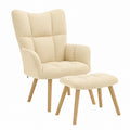 Poltrona Relax Crema con Poggiapiedi in Tessuto, 61,5x69x95,5 cm, Design Imbottito con Braccioli in Legno e Metallo per Soggiorno
