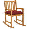 Poltrona a dondolo in teak con cuscino bordeaux, ideale per giardino e terrazza