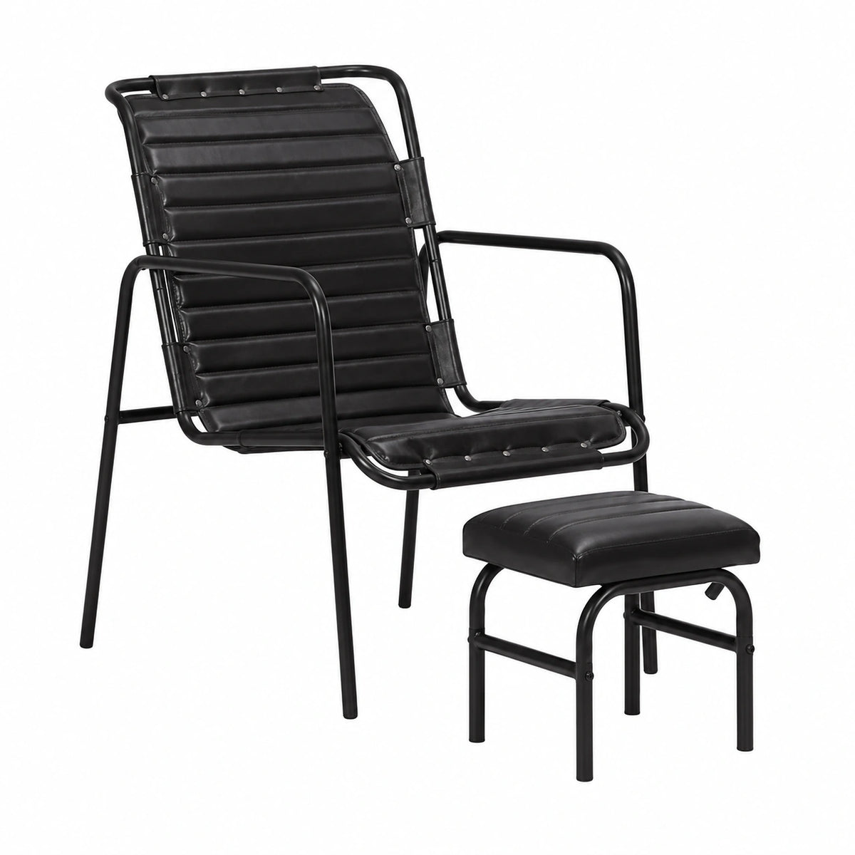 Poltrona vintage in pelle con sgabello, design ergonomico per giardino e soggiorno