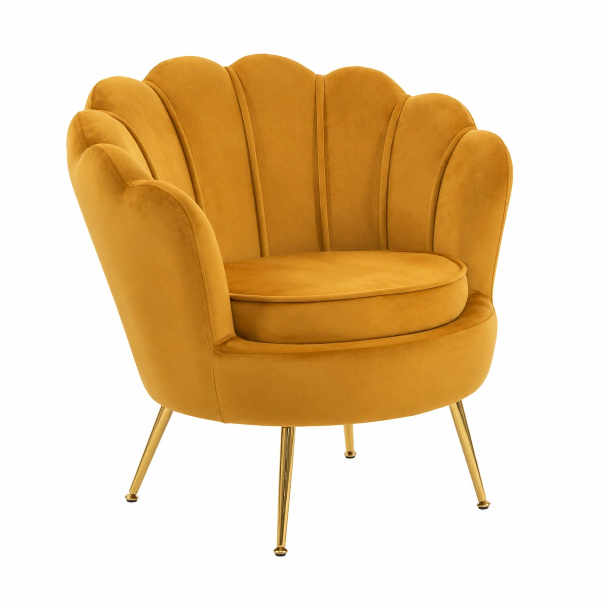 Poltrona in Velluto Senape con Design Vintage, Schienale a Conchiglia e Gambe Oro