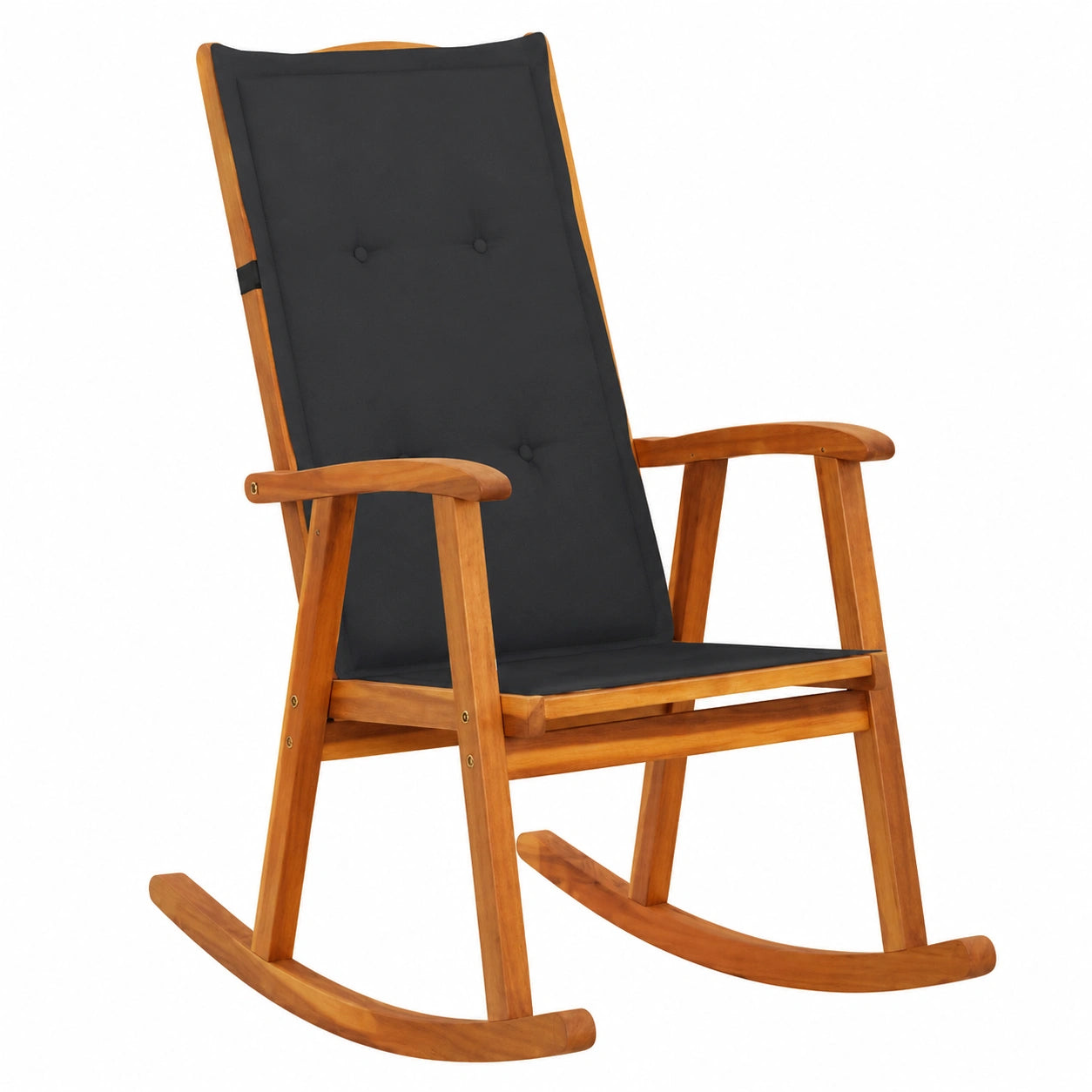 Poltrona a dondolo vintage in acacia con cuscini imbottiti per interni ed esterni, antracite