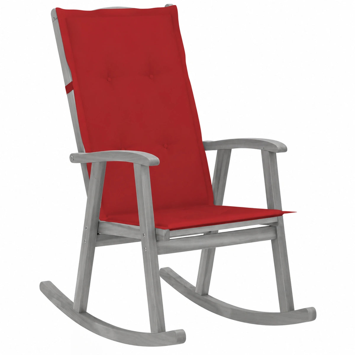 Poltrona a dondolo vintage in legno di acacia con cuscino rosso, ideale per soggiorno e terrazza, grigio, 57 x 100 x 117 cm