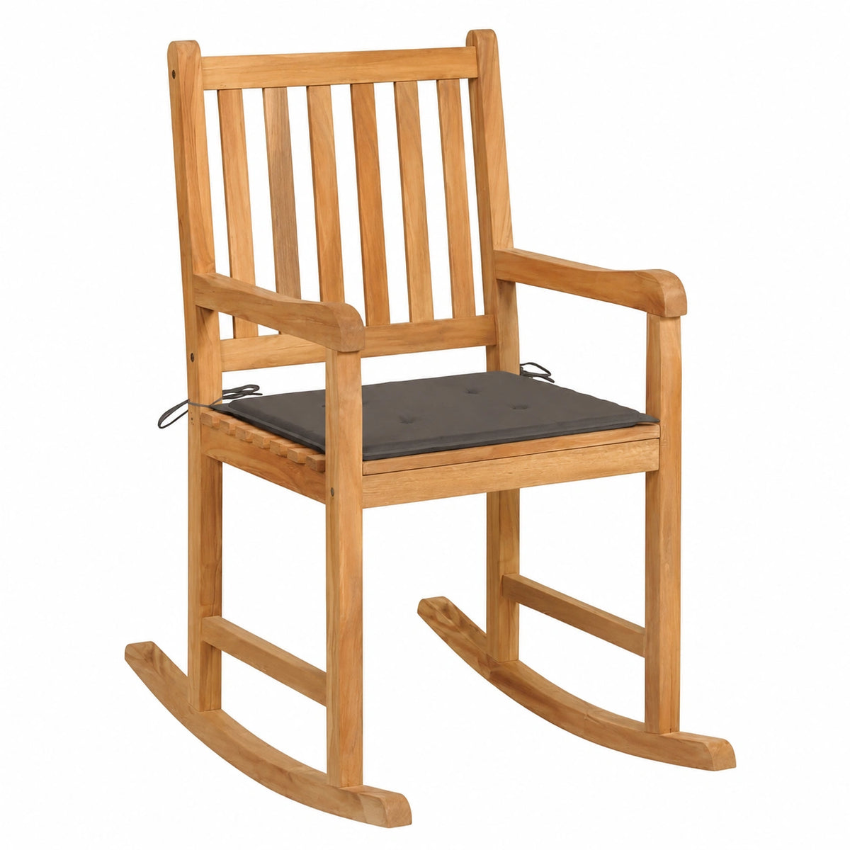 Sedia a dondolo in teak con cuscino grigio per interni ed esterni, resistente e durevole