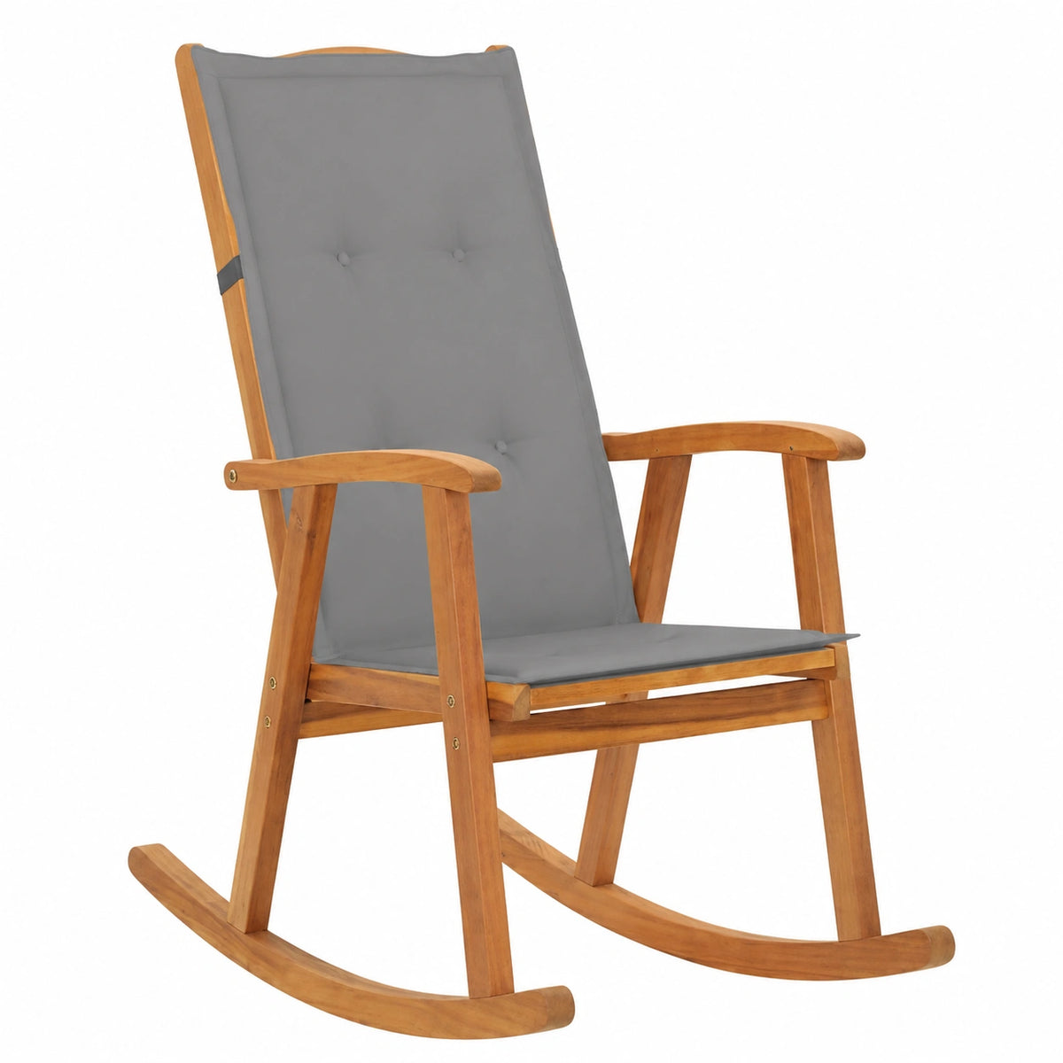Poltrona a Dondolo in Legno di Acacia con Cuscino Impermeabile Grigio, Stile Retrò e Schienale Alto per Casa e Giardino, Resistente e Durevole