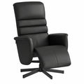 Poltrona ergonomica in similpelle nera, girevole e reclinabile, con poggiapiedi, ideale per relax e lettura in soggiorno o ufficio