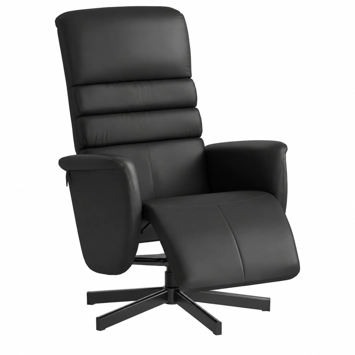 Poltrona ergonomica in similpelle nera, girevole e reclinabile, con poggiapiedi, ideale per relax e lettura in soggiorno o ufficio