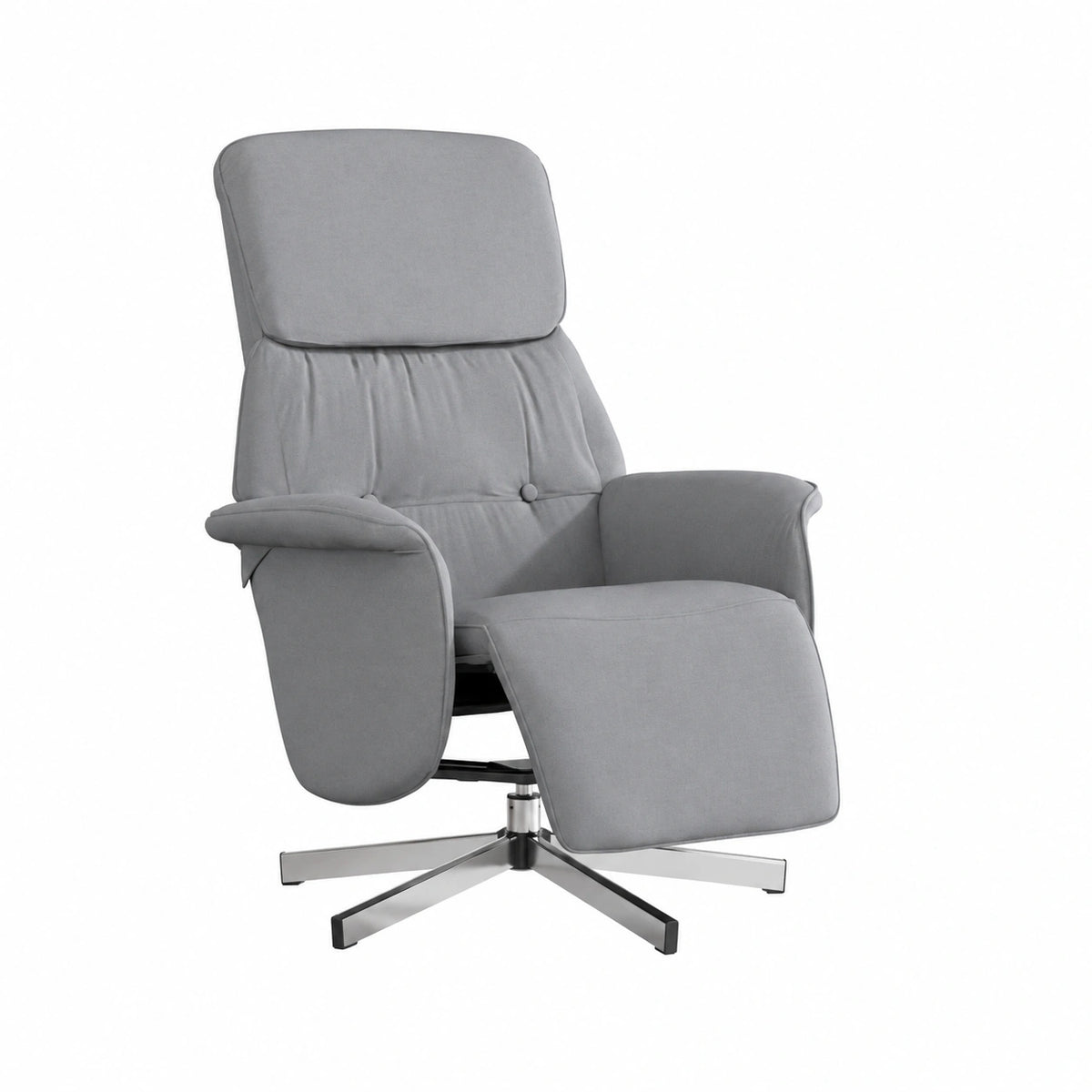 Poltrona ergonomica in tessuto grigio chiaro, reclinabile e girevole, con poggiapiedi e braccioli imbottiti, ideale per soggiorno e ufficio