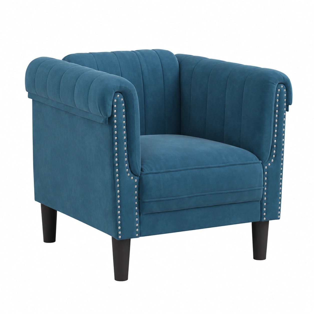 Sedia Lounge in Velluto Blu con Braccioli, Gambe in Legno, 80x77x74 cm, Carico Massimo 110 kg