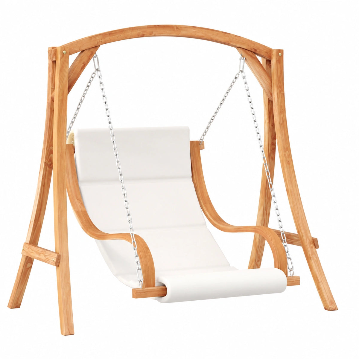 Sedia a Dondolo da Giardino in Legno di Abete con Cuscino Crema, Finitura Teak