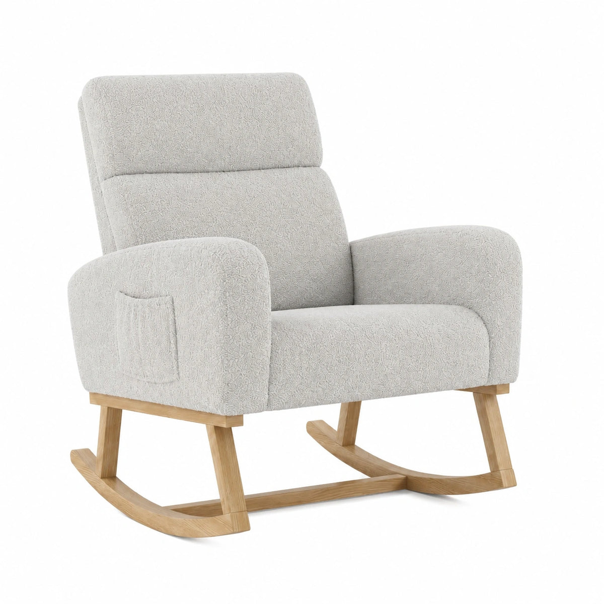 Sedia a Dondolo in Legno Massello con Tasche Laterali, Ideale per Relax e Allattamento, Colore Grigio Chiaro
